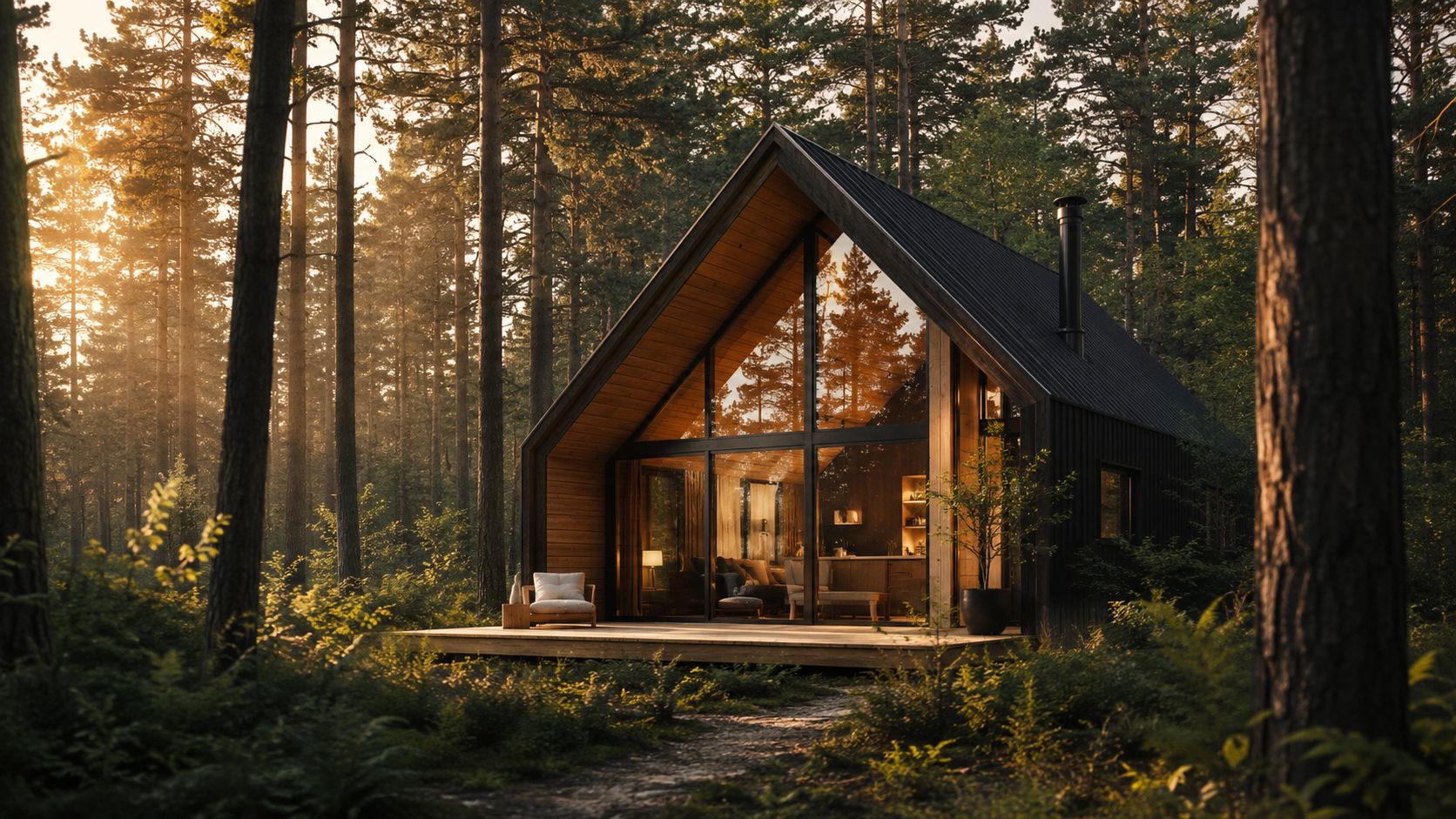 Moderne cabin in het bos van North Trail Cabins bij zonsondergang